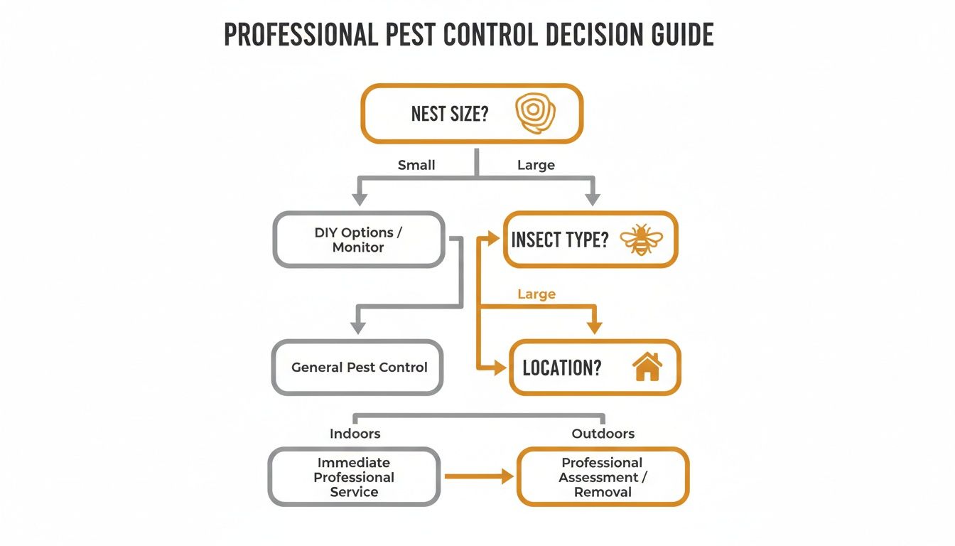 A professional pest control decision guide flowchart for assessing nest size, insect type, and location.