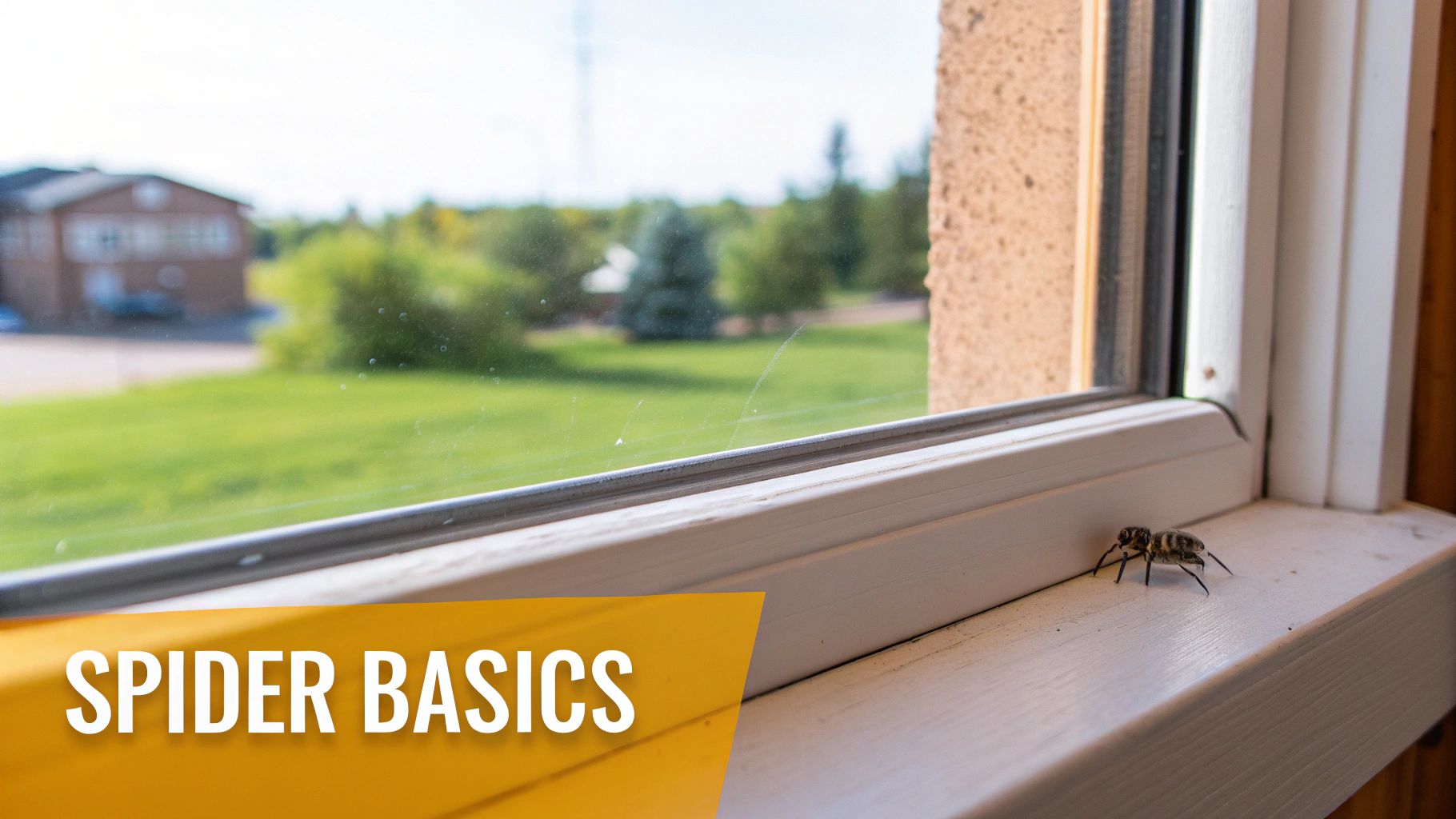 A small spider on a window sill with a blurred outdoor view of green grass and trees.