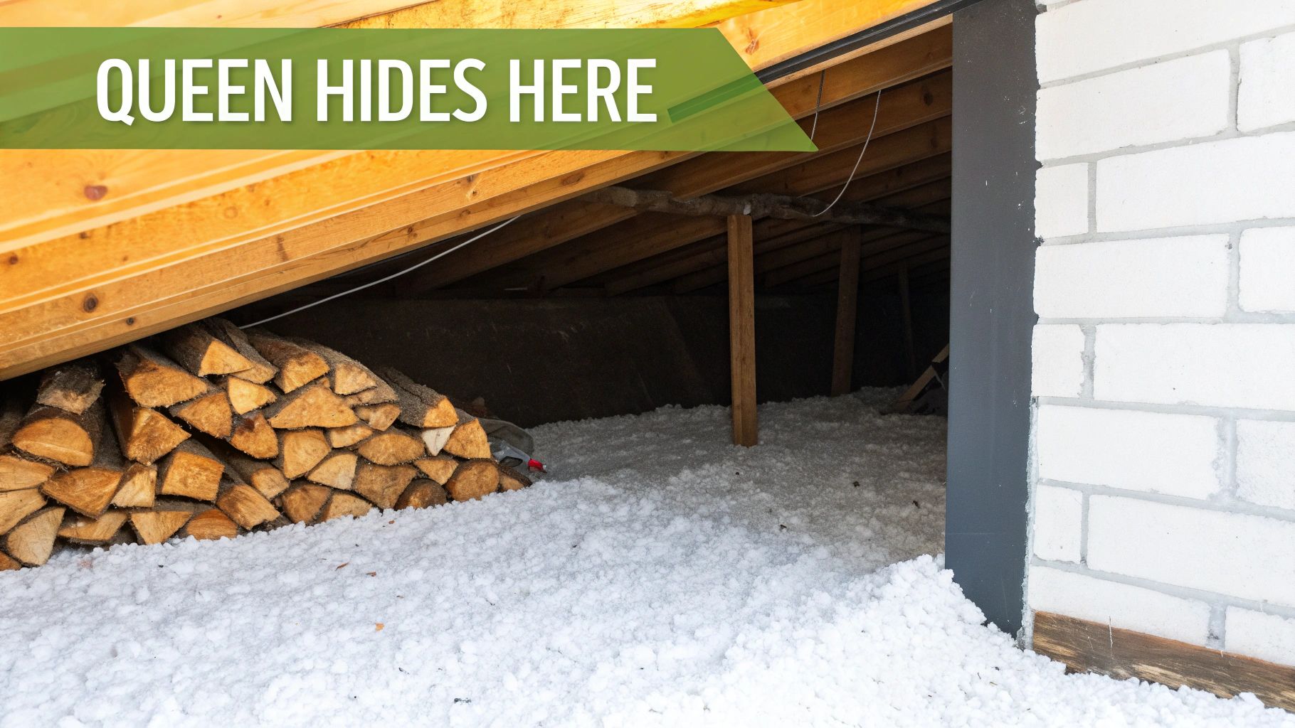 Attic with white blown-in insulation, stacked firewood, and wooden support beams.