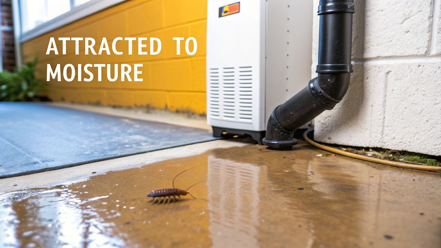 A centipede crawls across a wet concrete floor, illustrating its attraction to moisture near a wall and appliance.