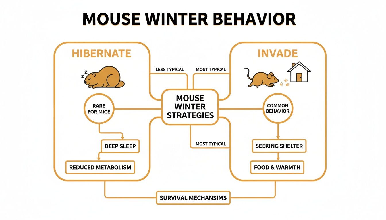 Flowchart comparing mouse winter survival strategies: rare hibernation and common invasion of homes for warmth and food.