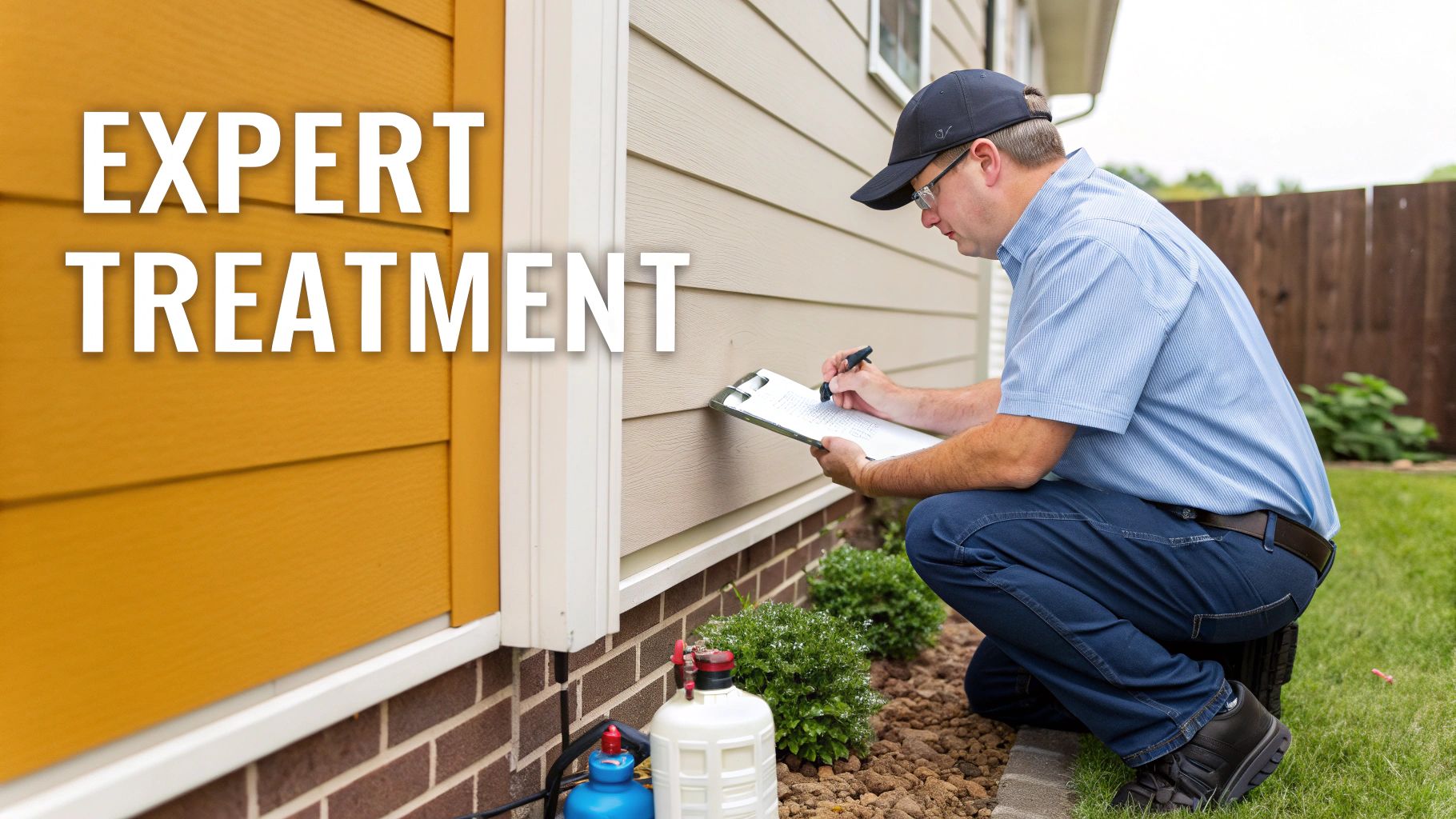 A pest control technician in a cap kneels, inspecting a house exterior and writing on a clipboard, with equipment nearby.
