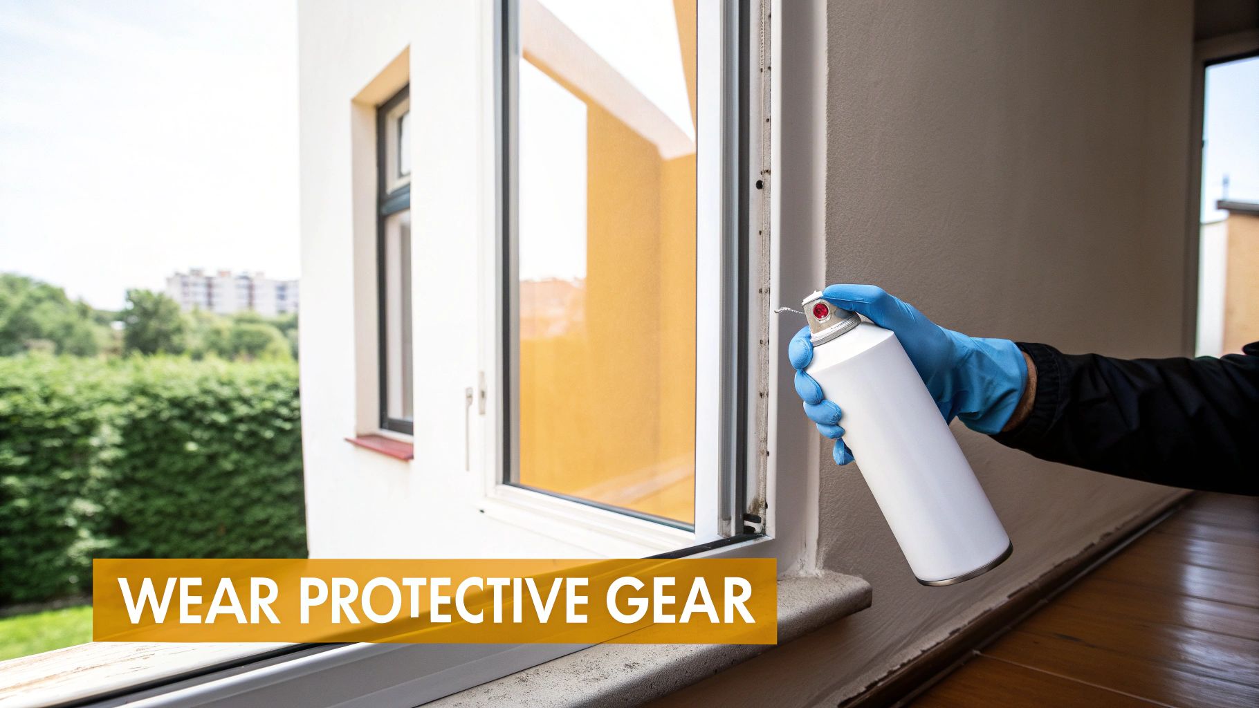 A person wearing blue gloves uses a white spray can to treat a window frame, emphasizing protective gear.