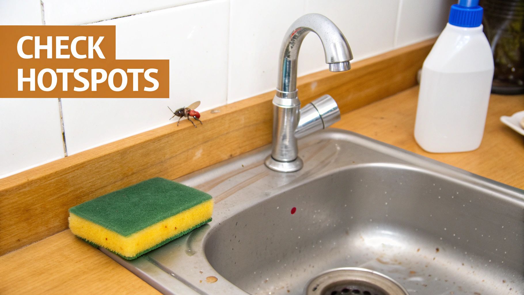 A kitchen sink area with a fly on the wooden counter, a sponge, and a bottle of soap.