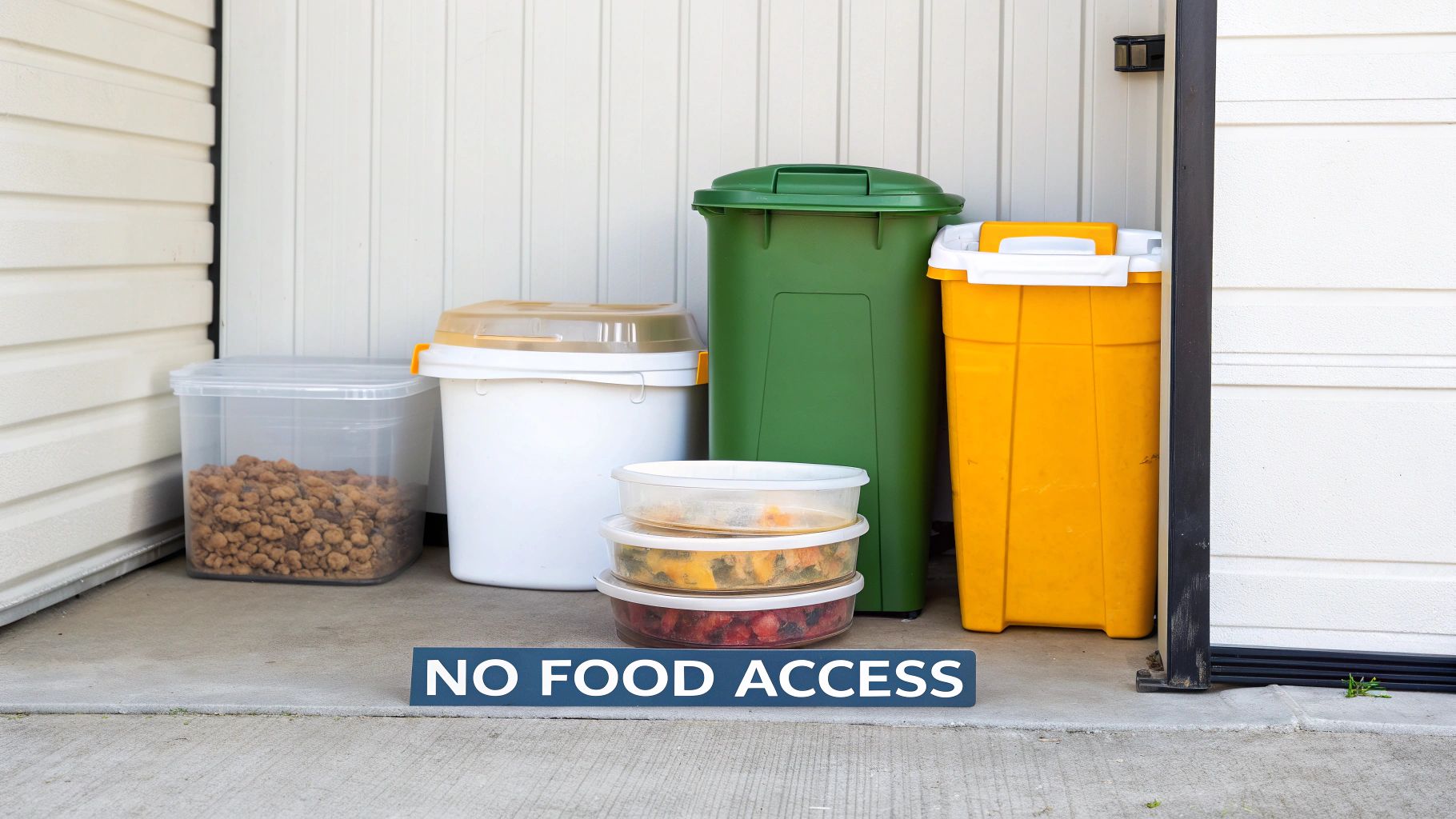 Various outdoor food storage containers and trash cans with a 'NO FOOD ACCESS' sign.