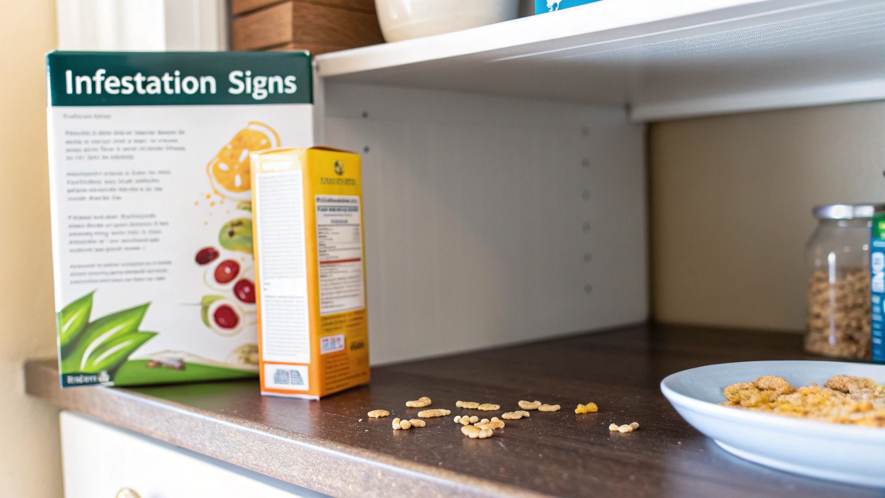 A kitchen counter with a box about "Infestation Signs" and spilled cereal, suggesting a pest issue.