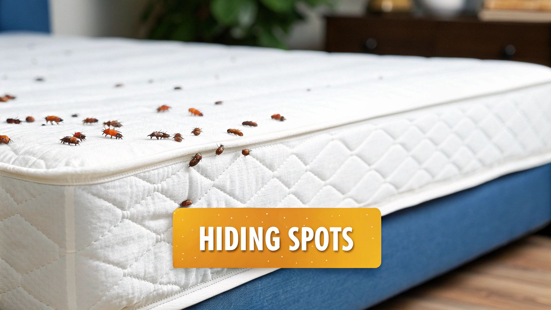 Close-up of a white mattress heavily infested with numerous bed bugs, highlighting hiding spots.
