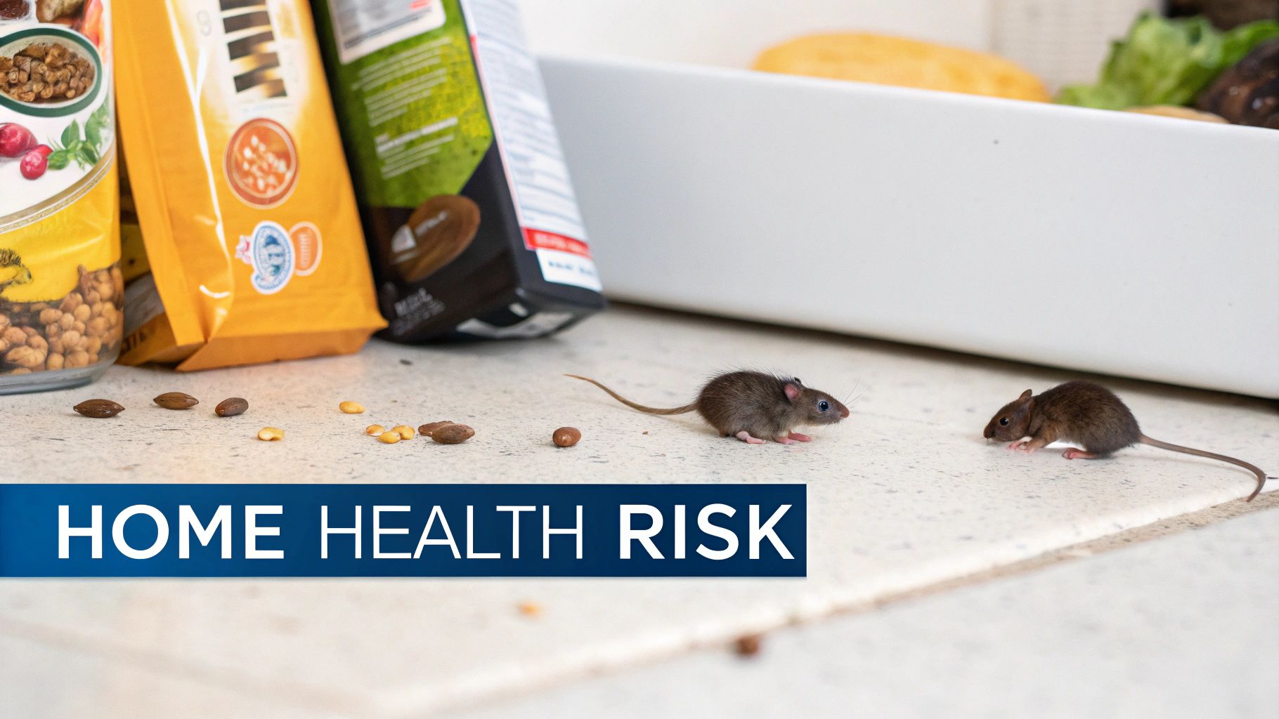 Two small mice on a kitchen floor, surrounded by scattered food, near pantry items and a 'HOME HEALTH RISK' banner.