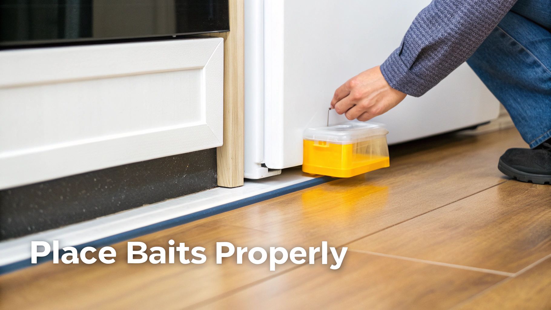 A person places a yellow pest bait box on a wooden floor next to kitchen appliances for pest control.