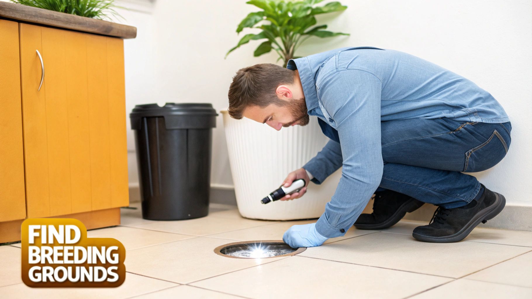 A man in a blue shirt and jeans inspects a floor drain with a flashlight, looking for pest breeding grounds.