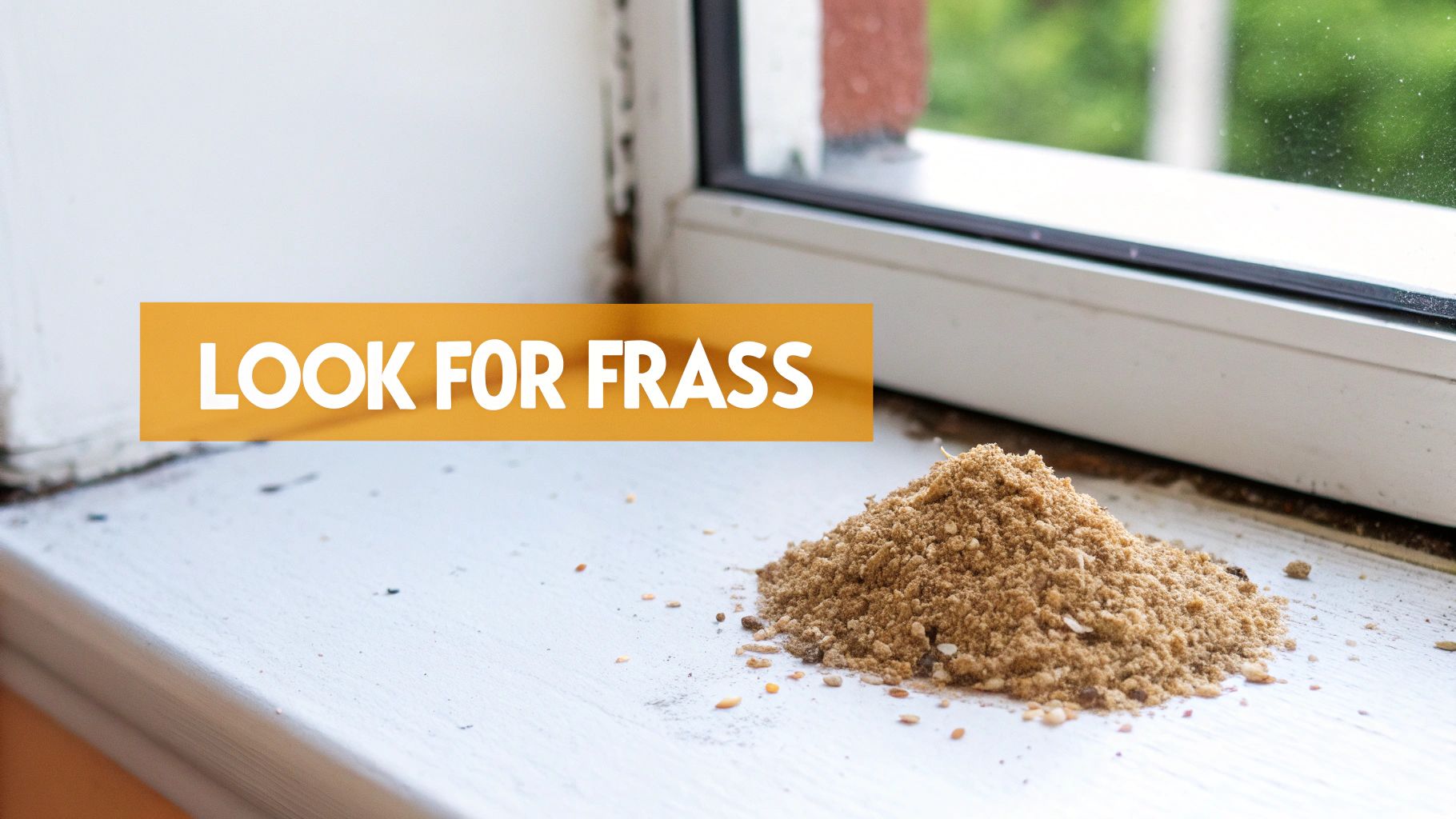 Close-up of a window sill with a pile of frass, a sign of wood-destroying pests.