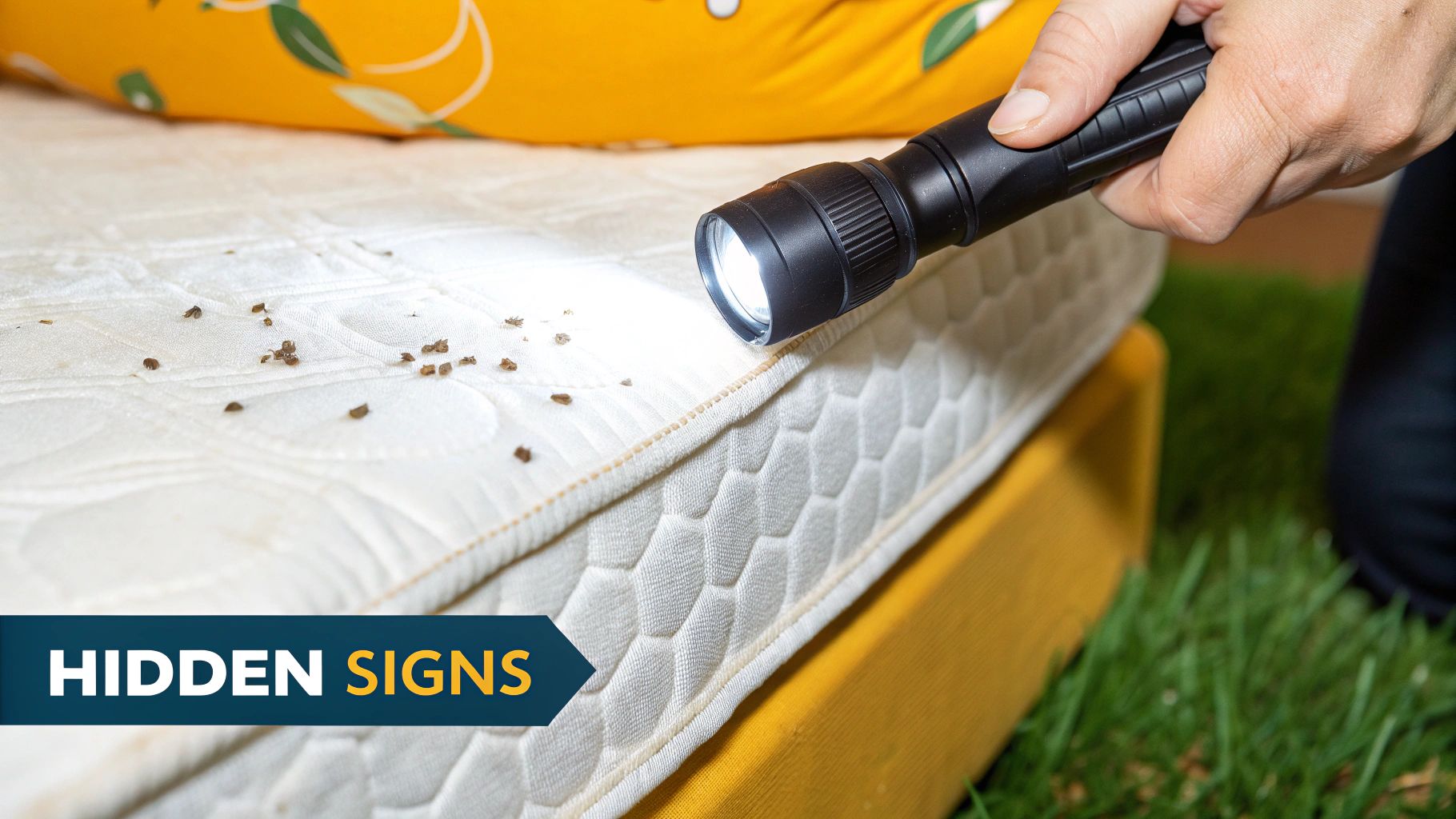 A person uses a flashlight to inspect a mattress, revealing tiny brown bed bug casings.