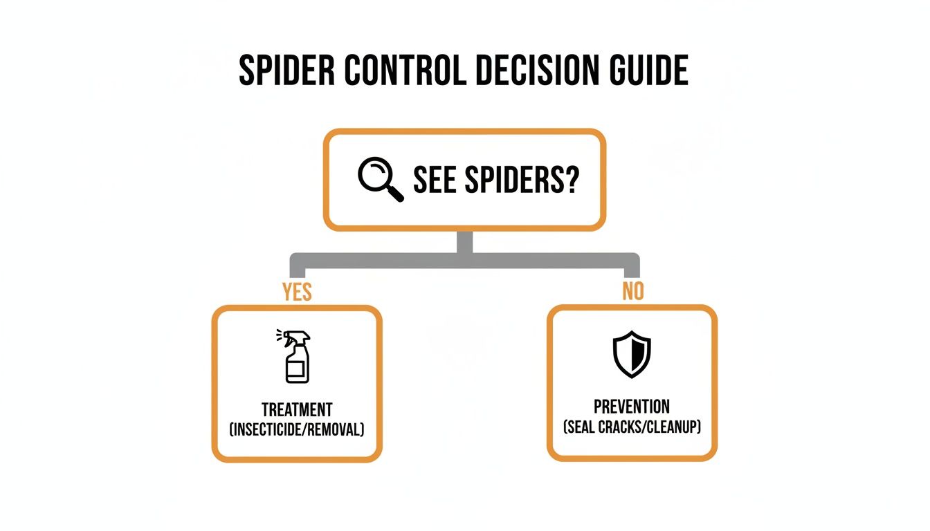 Flowchart illustrating a spider control decision guide: See spiders? Yes, choose treatment; No, focus on prevention.