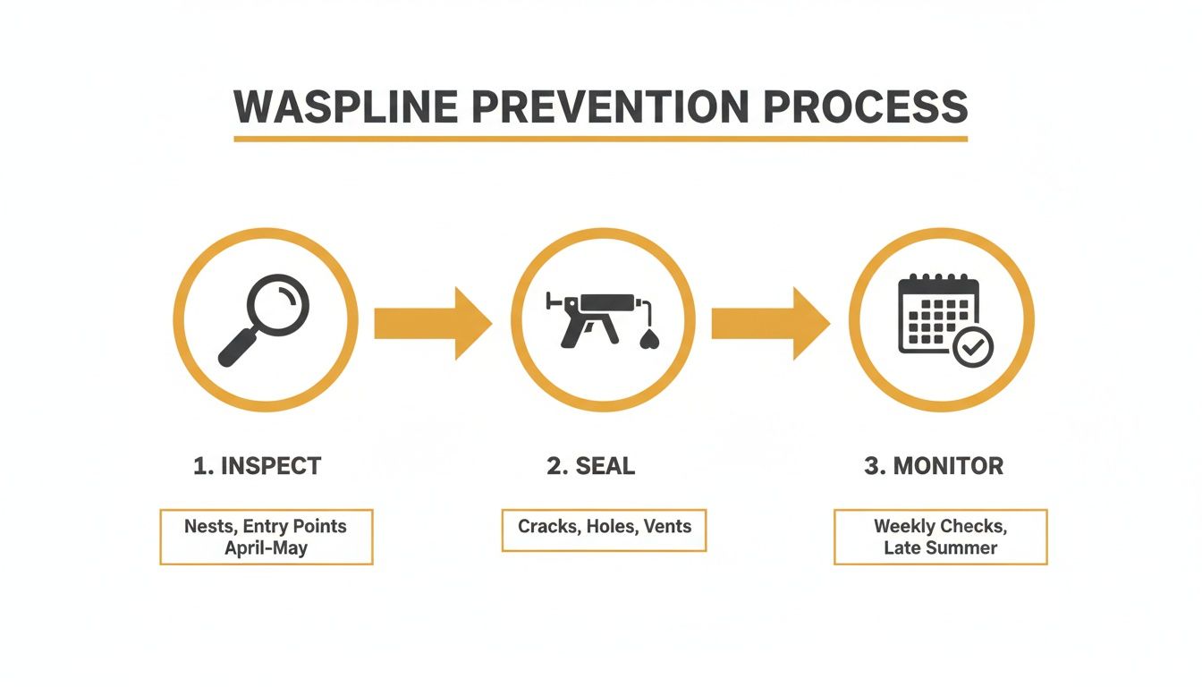 Infographic showing a 3-step WaspLine prevention process: Inspect, Seal, and Monitor.