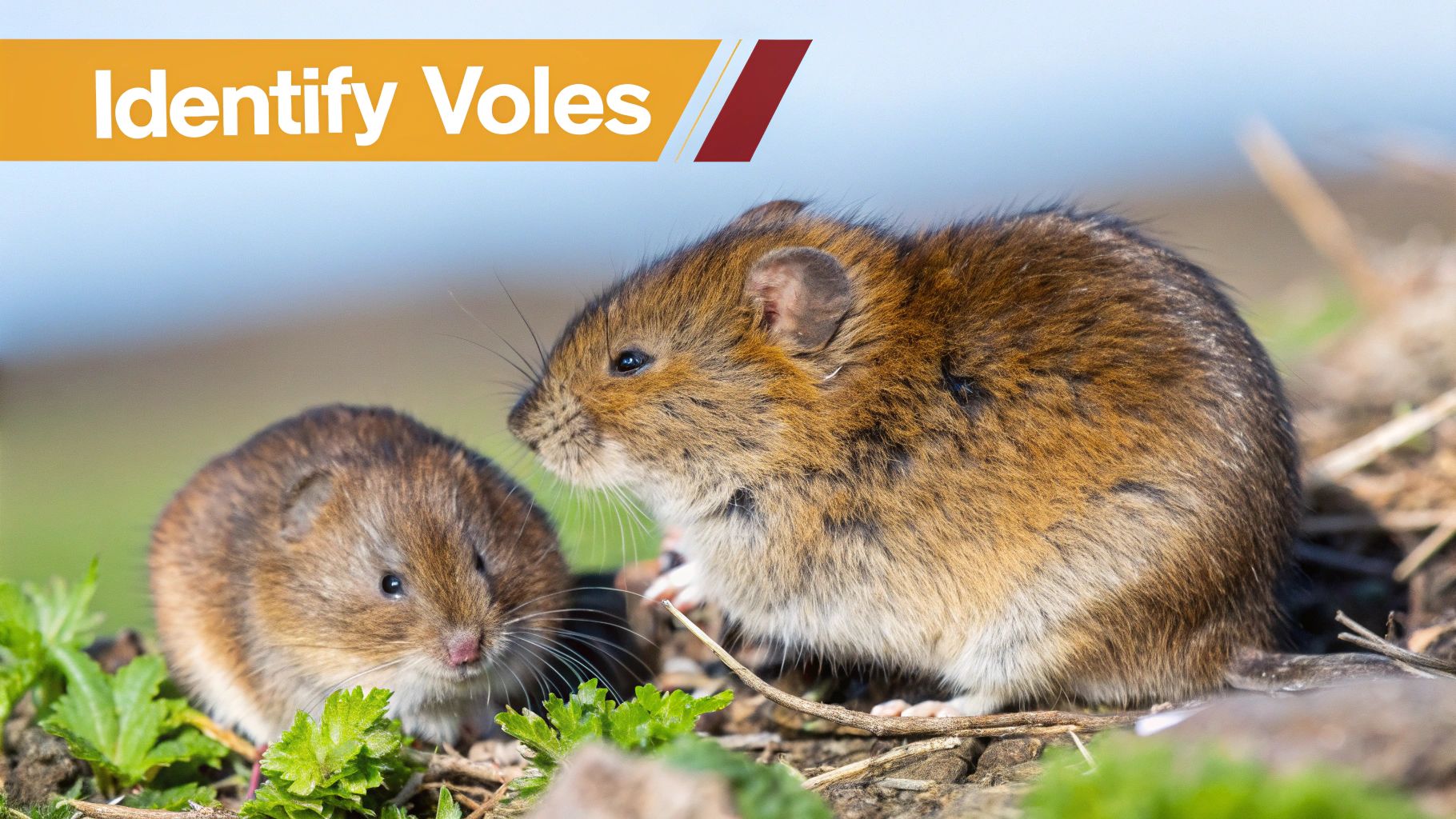Two small brown voles, with short ears and tails, on the ground among green plants.