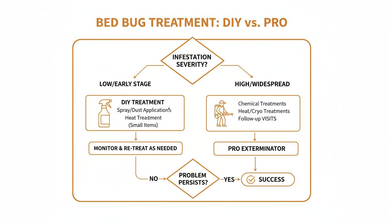 Flowchart comparing DIY versus professional bed bug treatment options based on infestation severity.