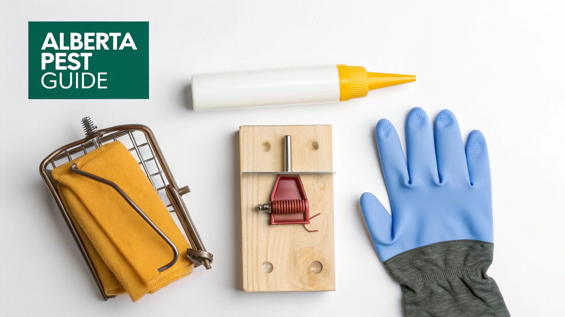 Various pest control tools including traps, bait, and a glove, with an 'Alberta Pest Guide' sign.