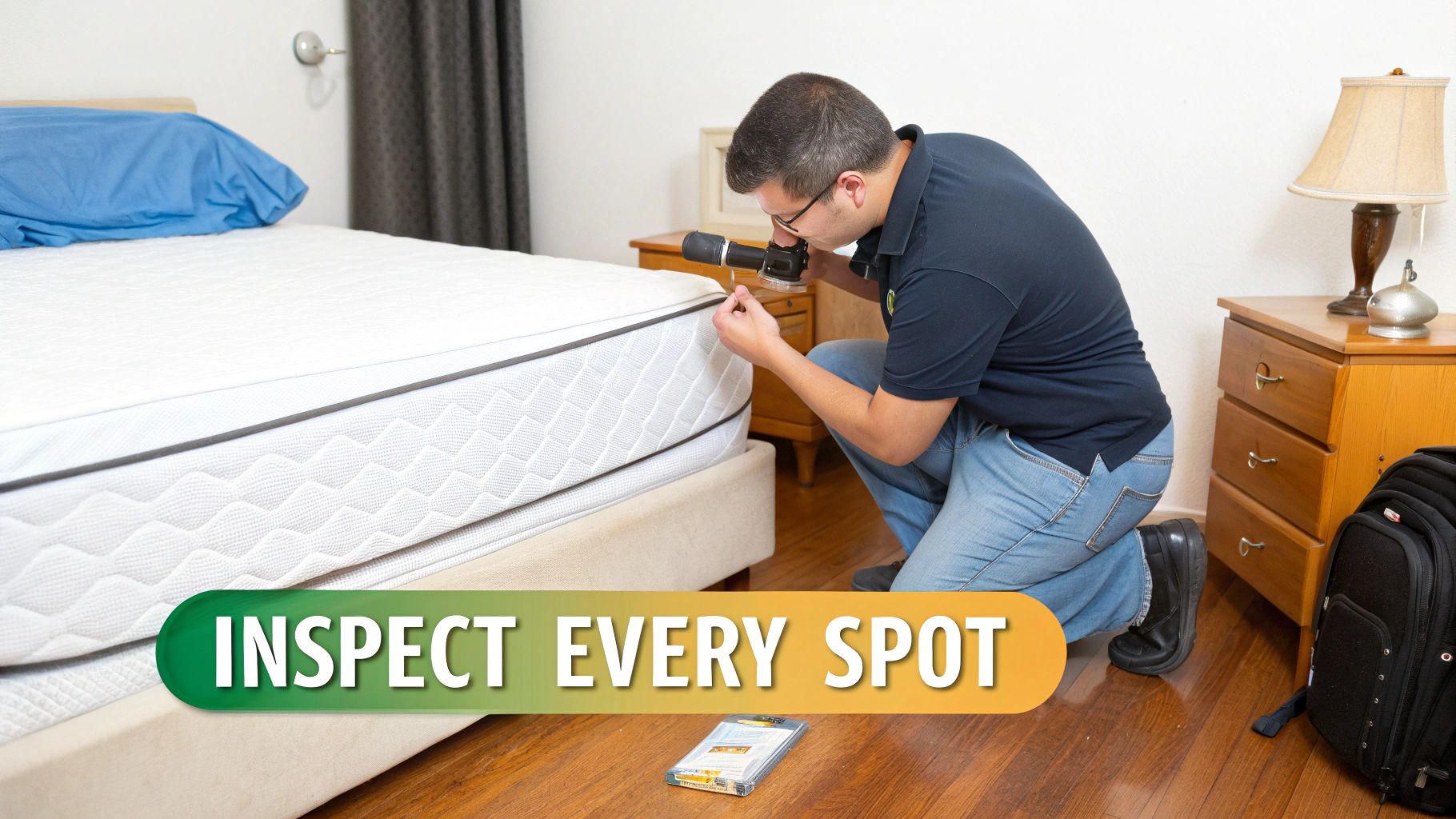 A man kneels to inspect a white mattress for bed bugs using a lighted magnifying tool.
