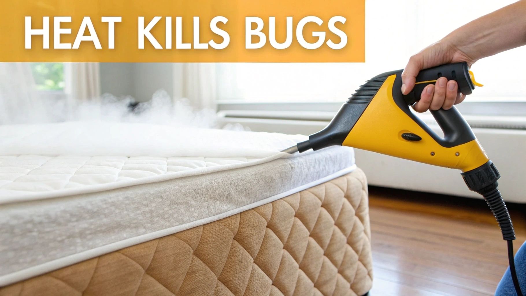 A hand holds a yellow steam cleaner applying hot steam to a white mattress to kill bugs.