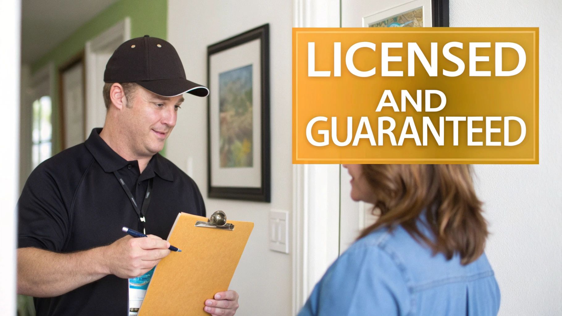 Service professional with a clipboard talks to a customer at their home, licensed and guaranteed.