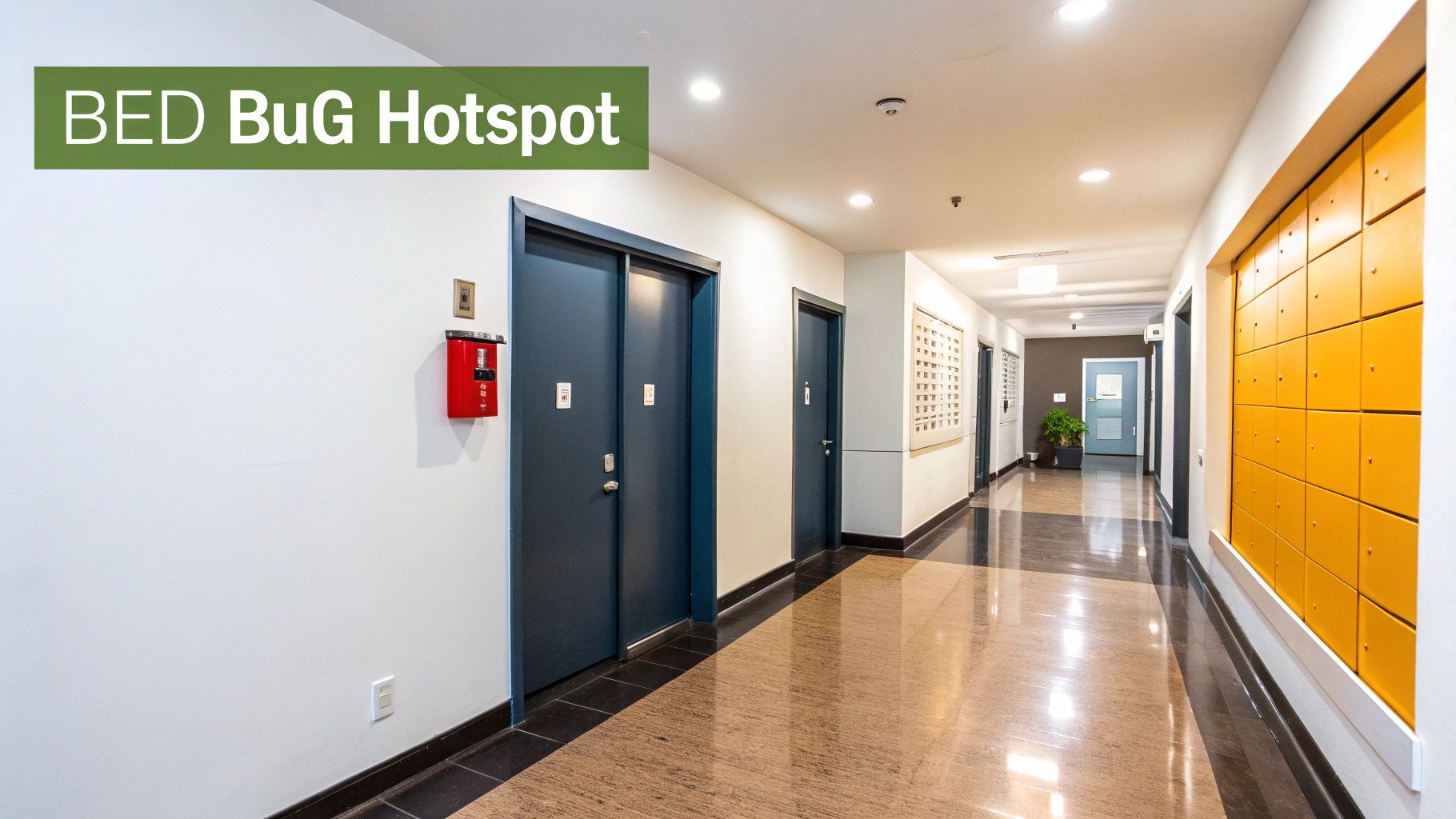 A brightly lit apartment building hallway with blue doors, yellow mailboxes, and a “BED BuG Hotspot” sign.