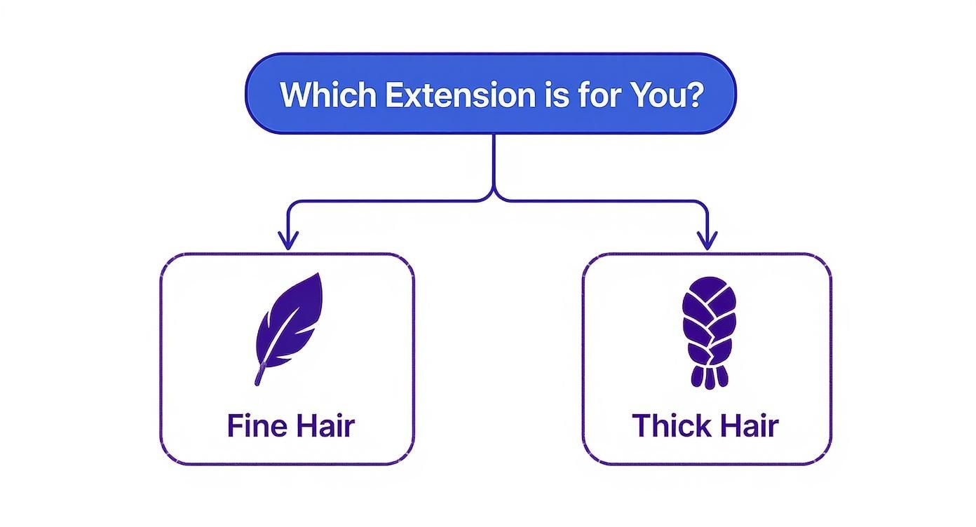 Infographic decision tree showing that fine hair is better suited for tape-in extensions and thick hair is better for sew-in extensions.