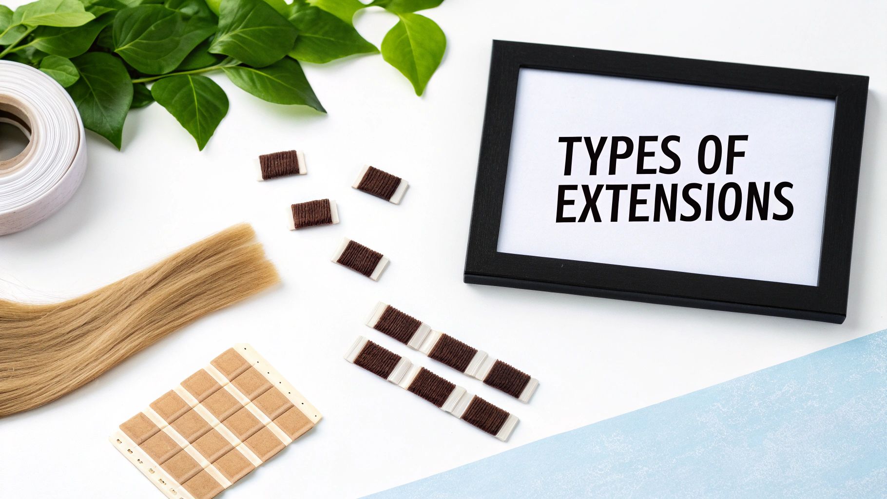 A woman with long, voluminous hair extensions showcasing different types.