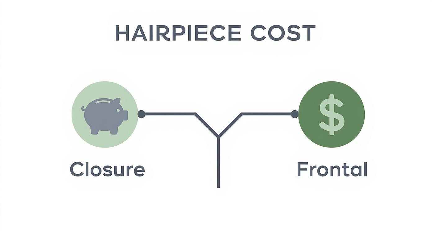 Infographic decision tree showing a budget-friendly path to a closure and a versatility investment path to a frontal.