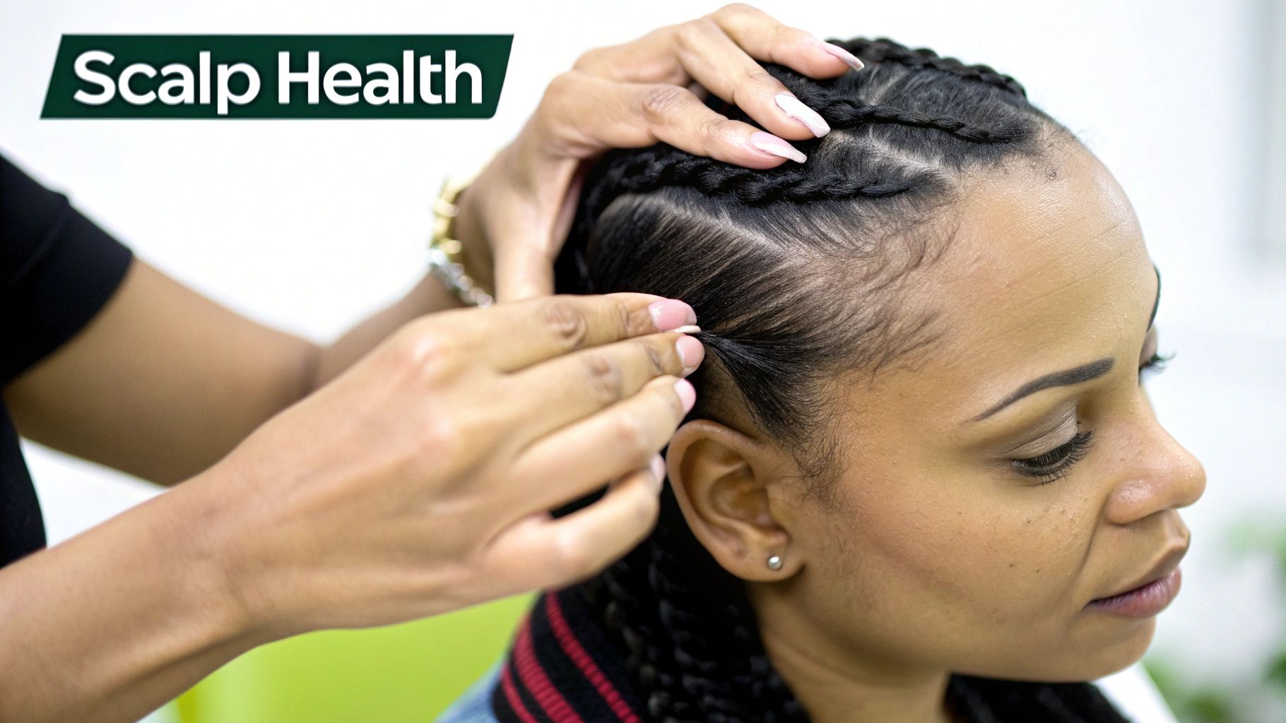 A stylist carefully applying hair extensions to a client's healthy scalp.