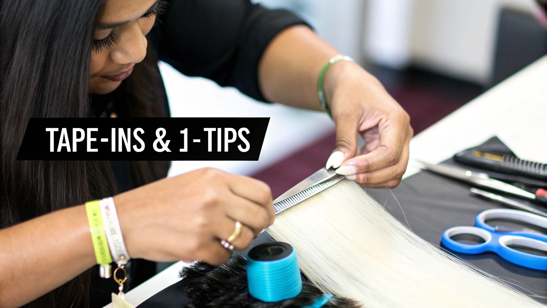 A stylist applying tape-in hair extensions to a client's hair.