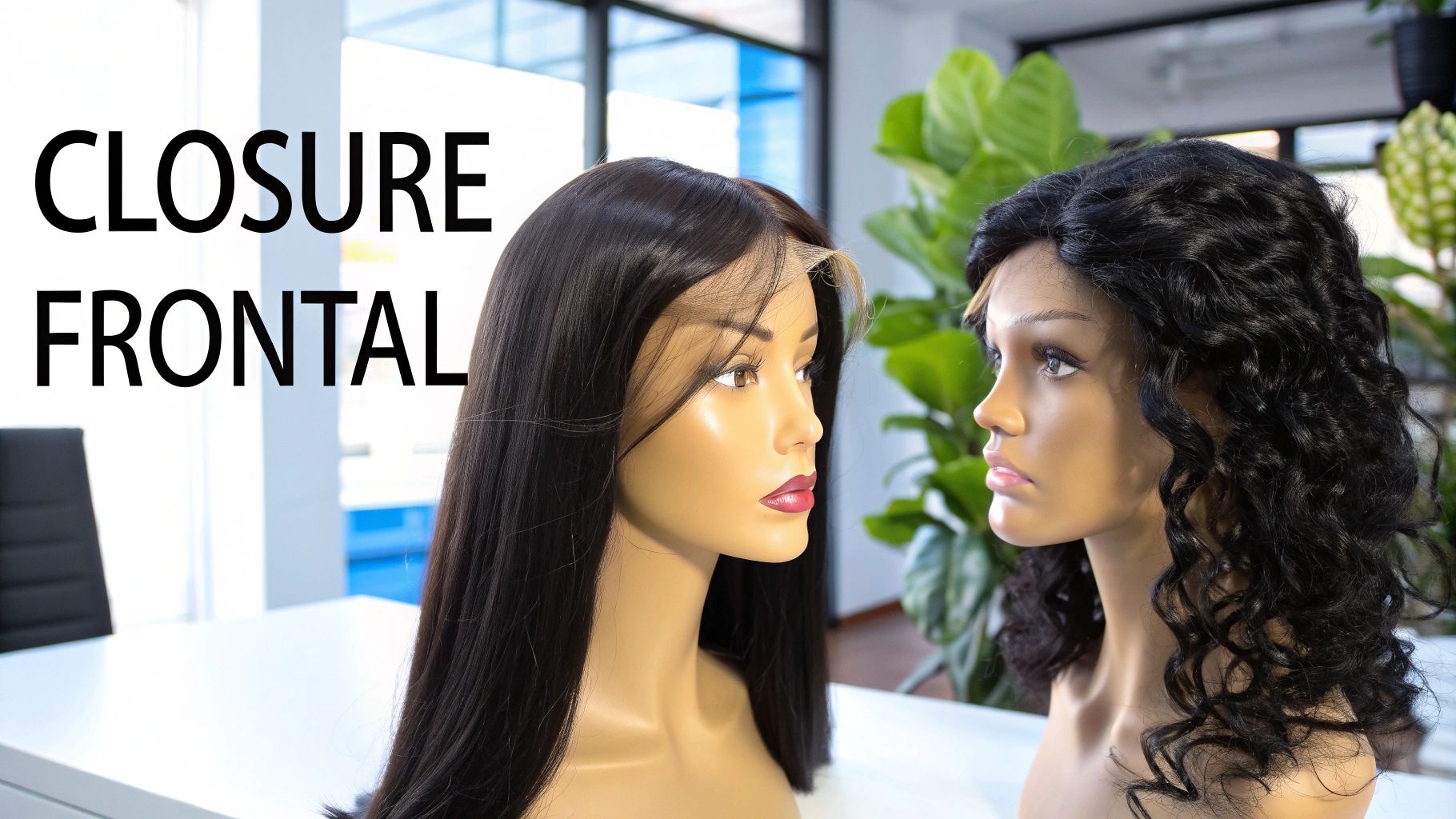 A woman with long, straight black hair styled with a center part, demonstrating a seamless lace closure or frontal.