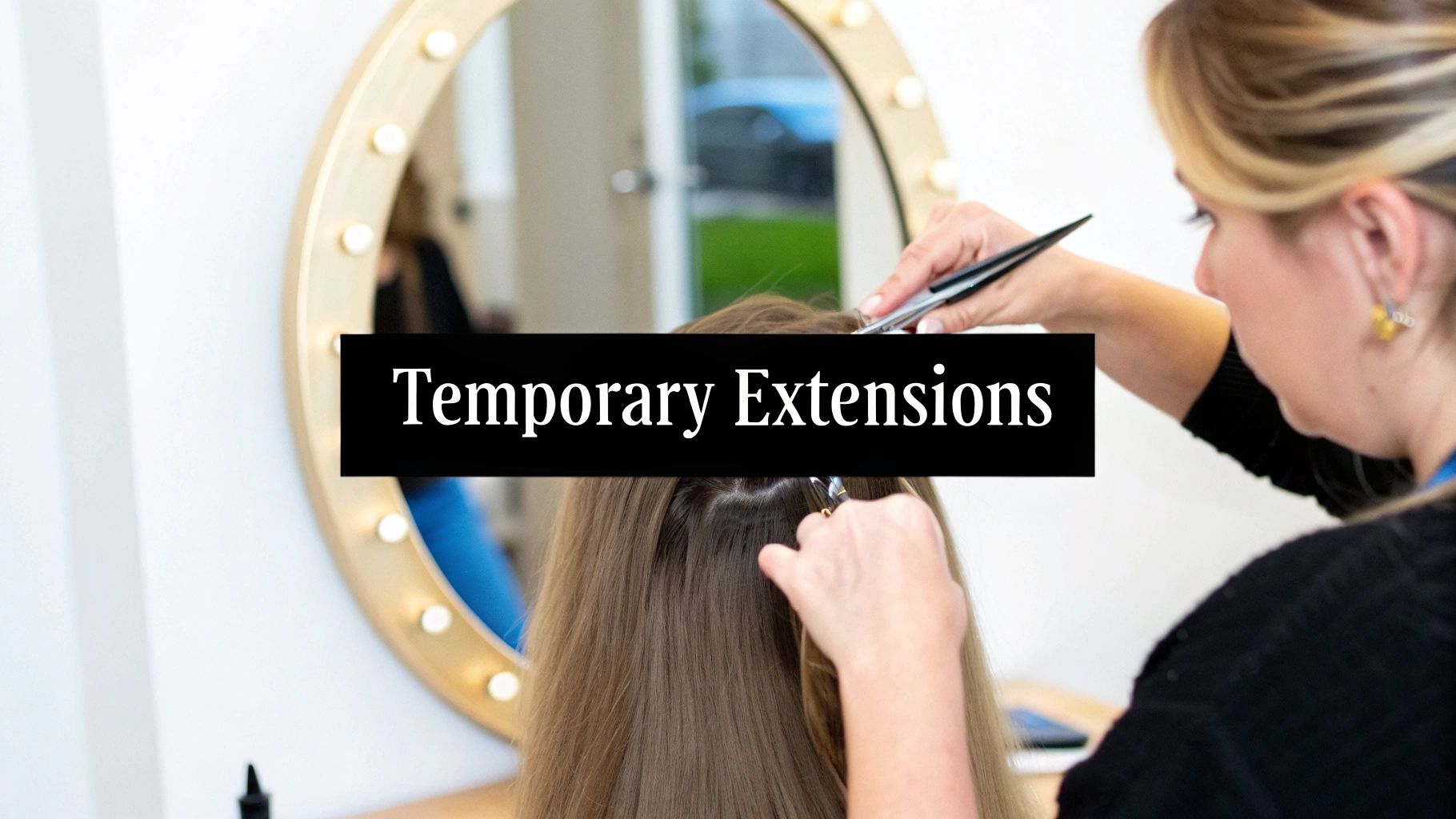 A woman smiling, showing off her long, temporary clip-in hair extensions.