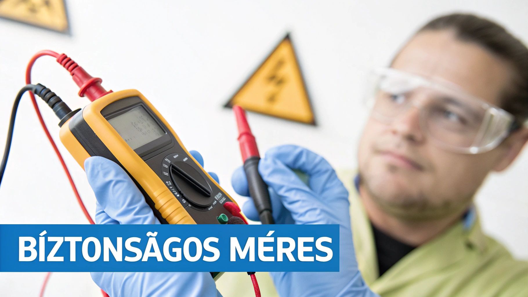 Szemüveges férfi kék kesztyűben multiméterrel mér, háttérben elektromos veszélyre figyelmeztető tábla látható.