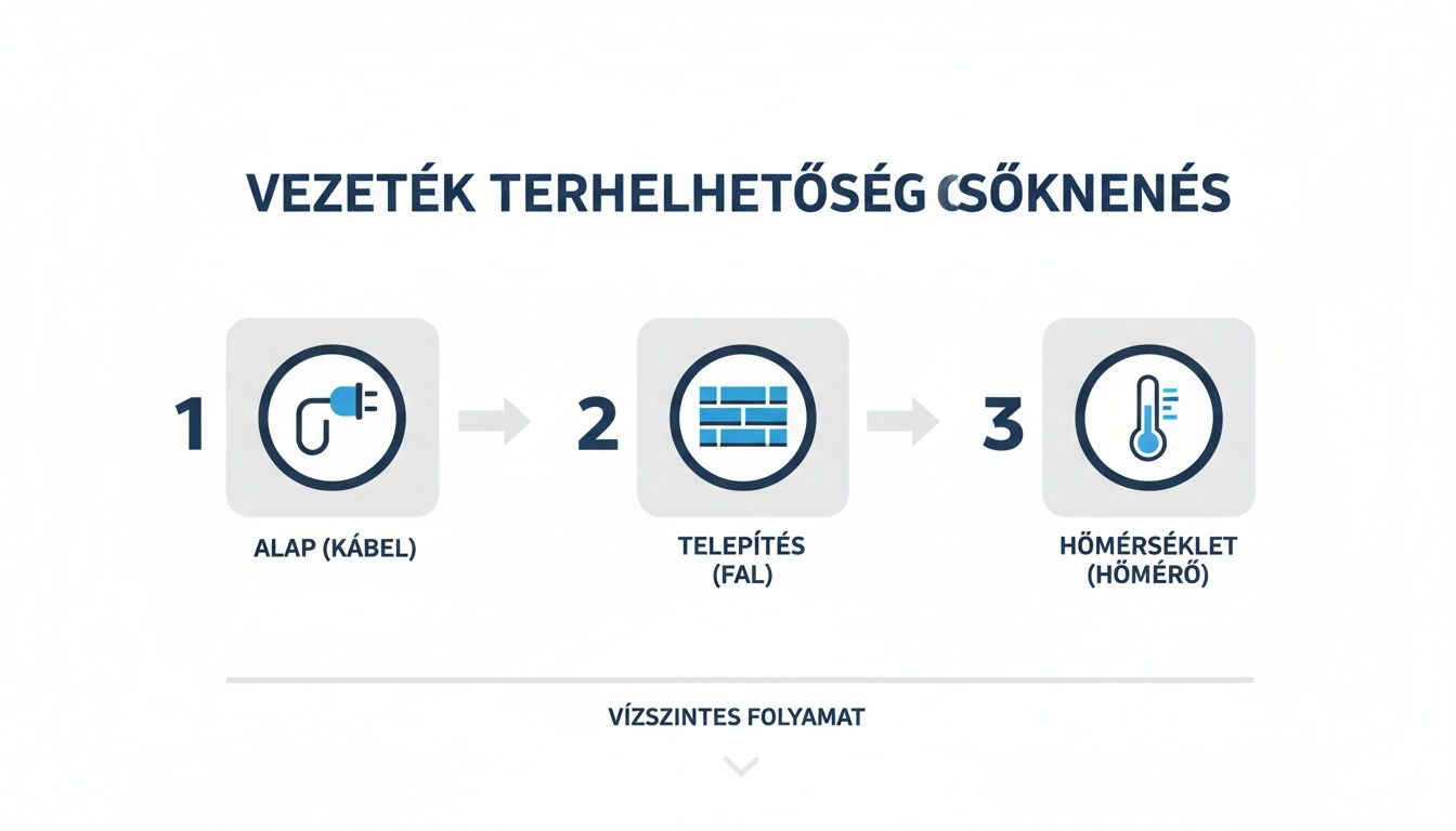 Ábra a vezeték terhelhetőség csökkenésének három lépcsős folyamatáról: kábel, telepítés és hőmérséklet.