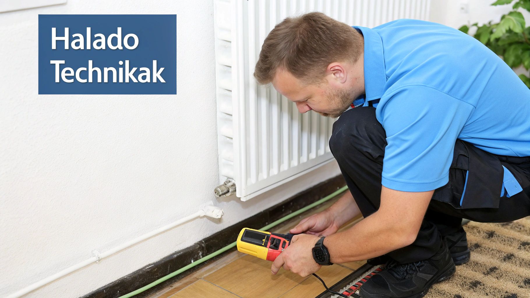 Fűtésszerelő szakember elektromos vezeték keresővel dolgozik radiátor mellett a padlón térdepelve