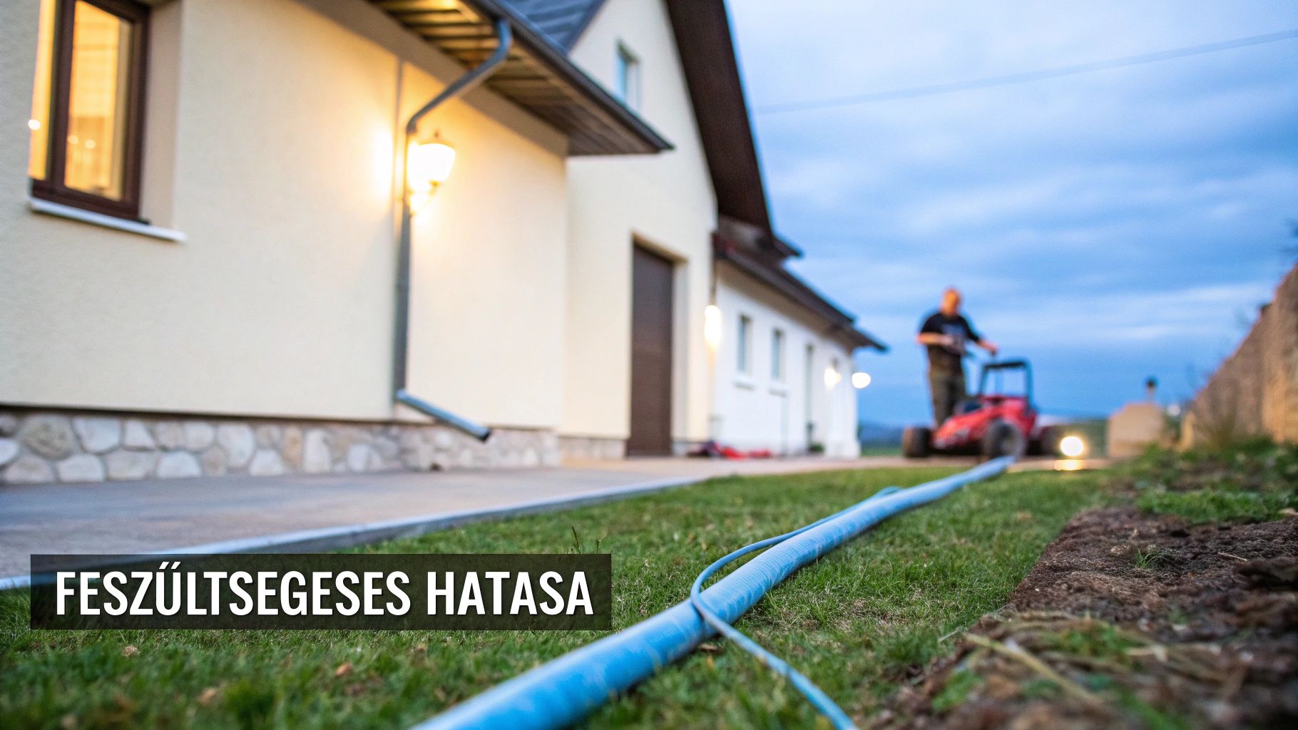 Kék kábel fut a füvön egy ház előtt, háttérben egy ember géppel dolgozik.