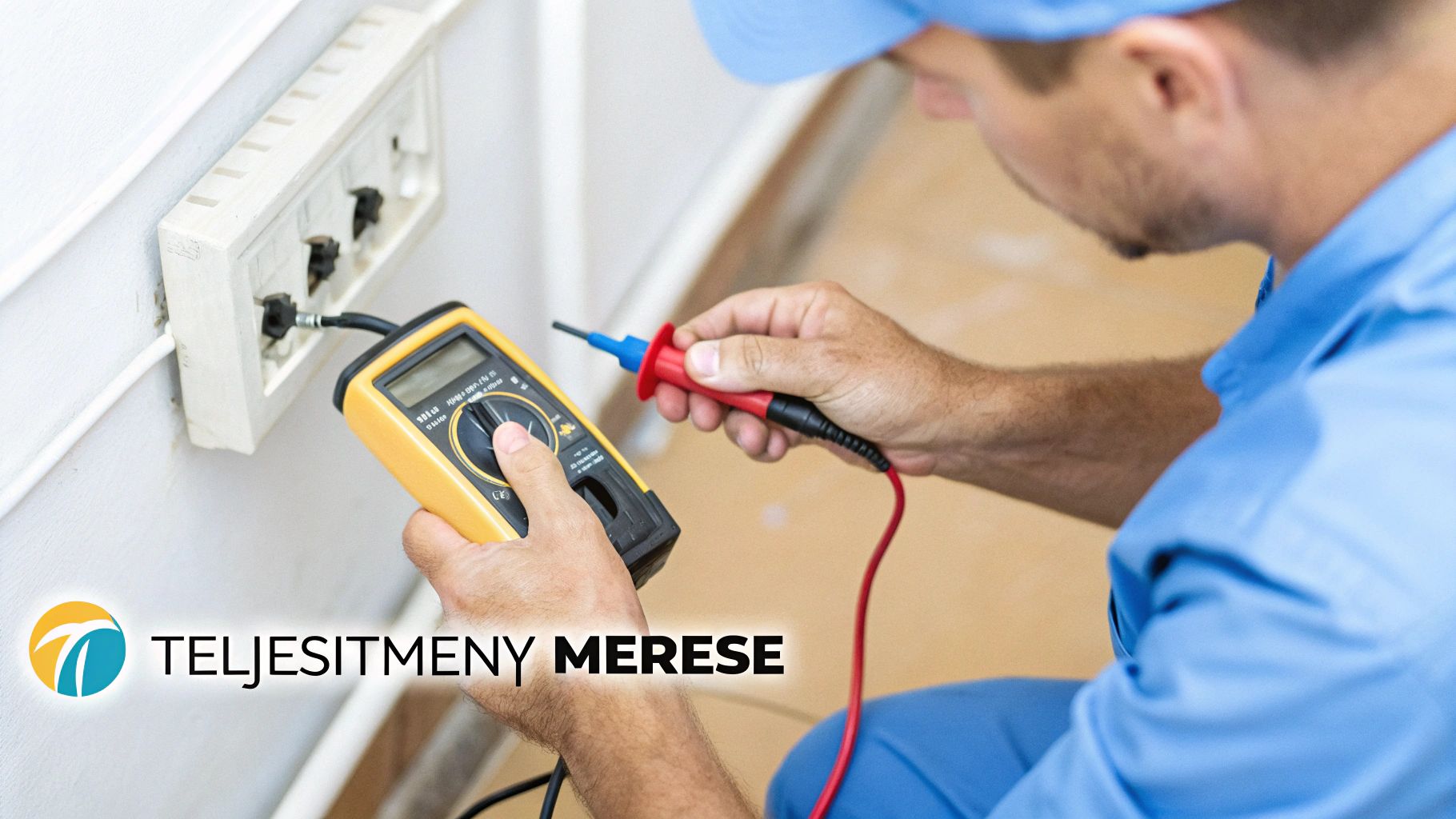 Villanyszerelő digitális multiméterrel mér teljesítményt egy háromdugós, falba épített elektromos aljzatnál.