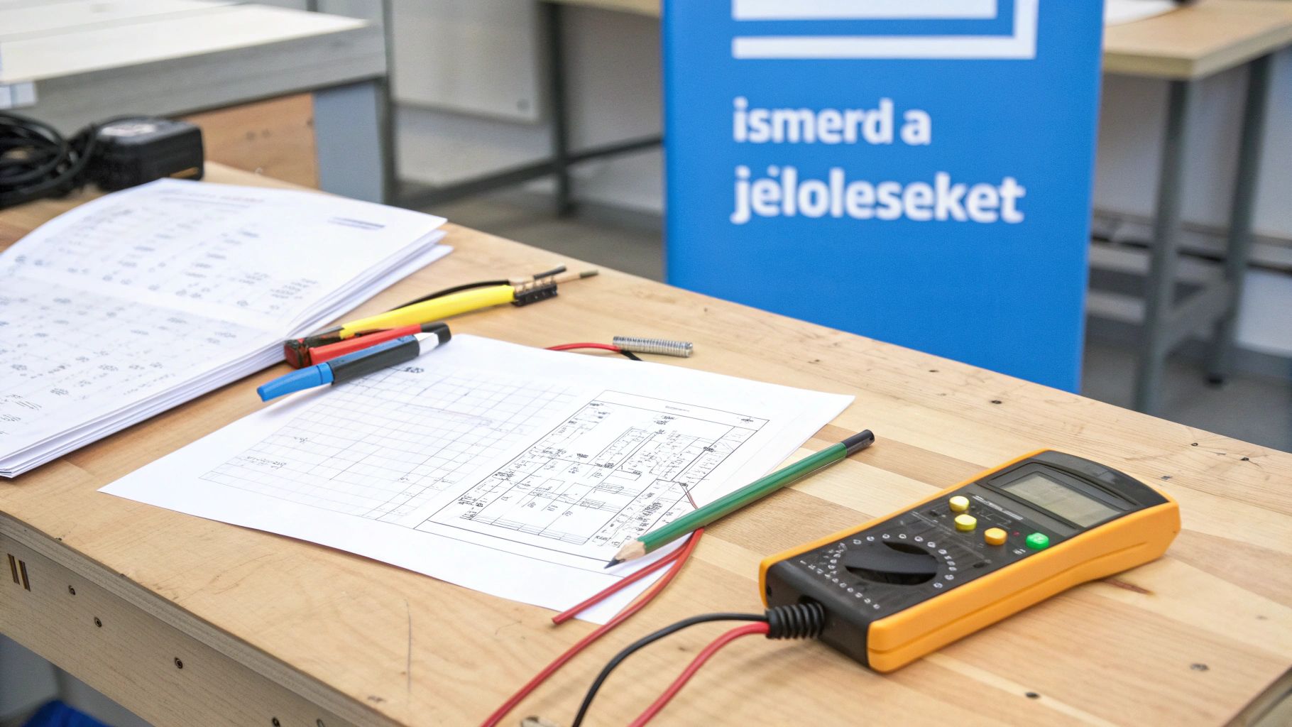 Munkaasztalon kapcsolási rajz, nyitott dokumentumok, multiméter és íróeszközök, háttérben kék tábla.