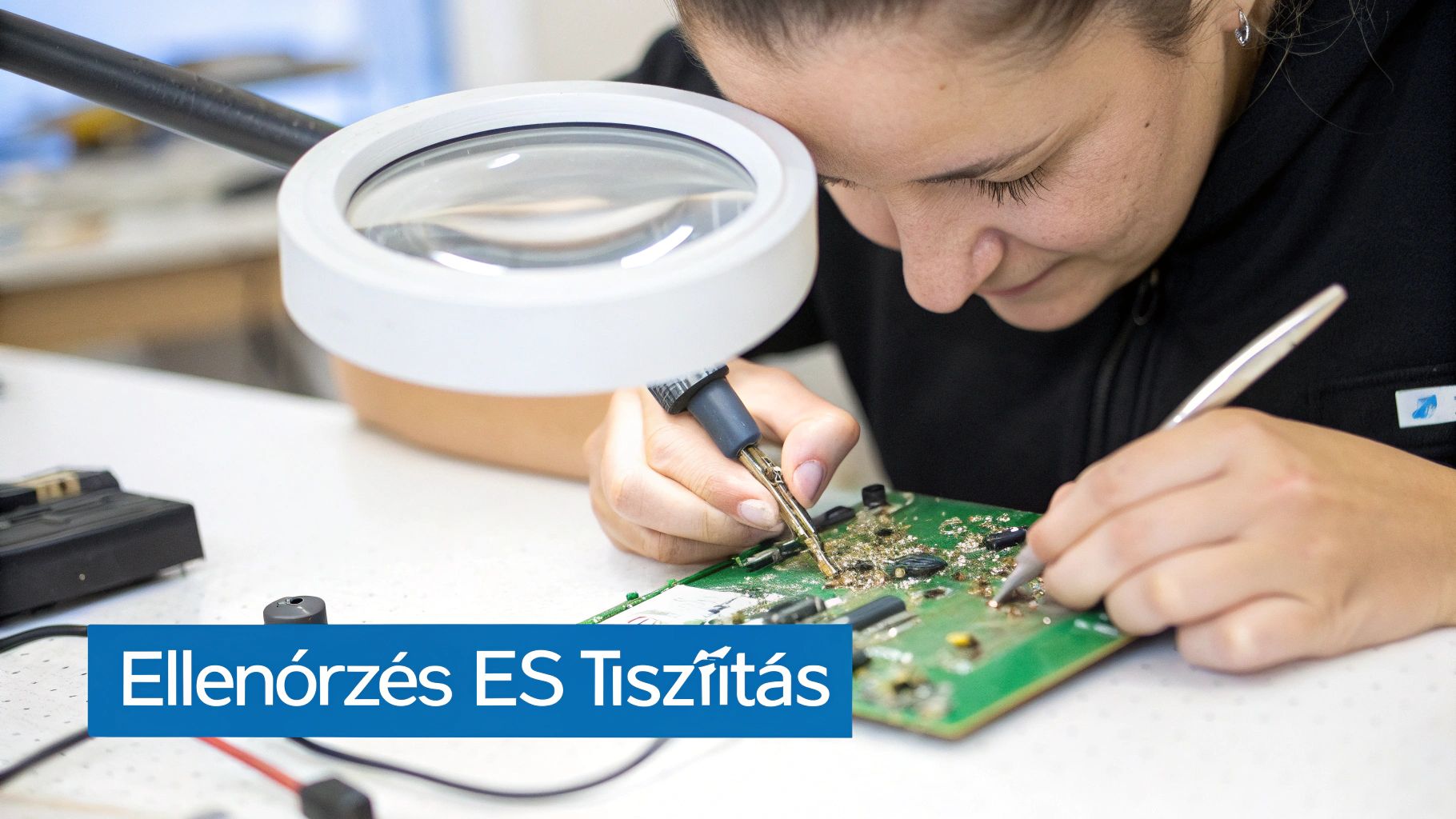 Egy nő nagyító alatt, forrasztóval ellenőrzi és tisztítja az áramköri lapot, precízen dolgozva.