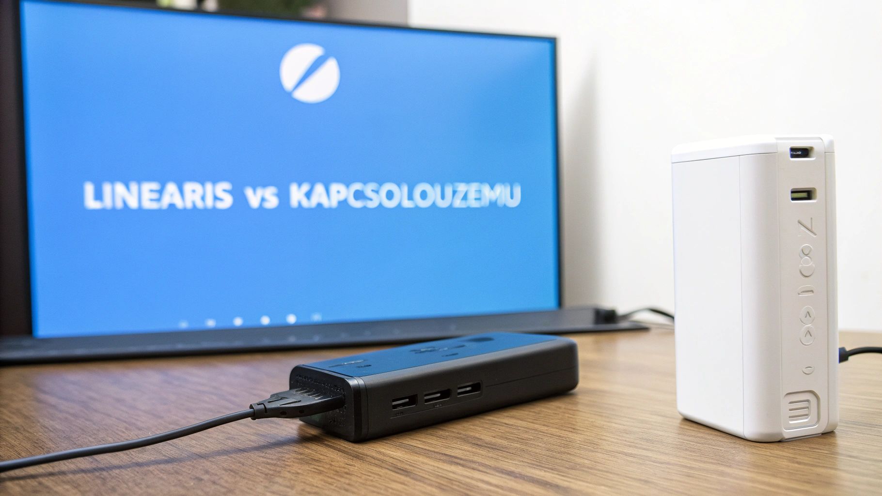 Egy monitor kék képernyőjén 'LINEARIS vs KAPCSOLOUZEMU' felirat látható, mellette elektronikus eszközök egy asztalon.