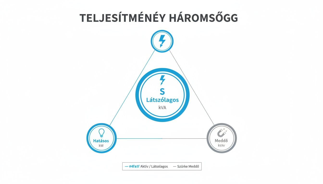 Az elektromos teljesítmény háromszöge: látszólagos, hatásos és meddő teljesítmény összefüggéseit ábrázolja.