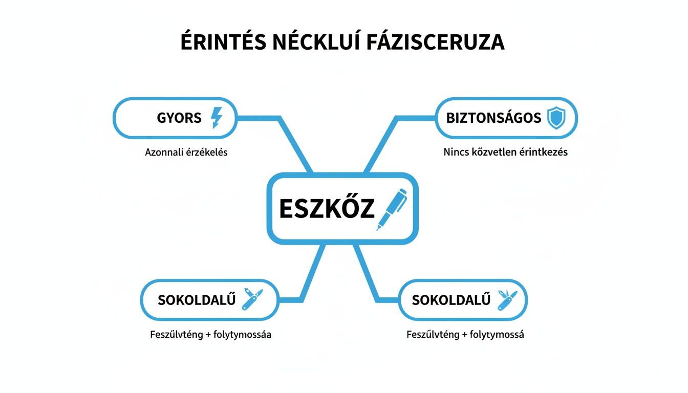 Érintés nélküli fázisceruza jellemzőit bemutató ábra: gyors, biztonságos és sokoldalú képességekkel.