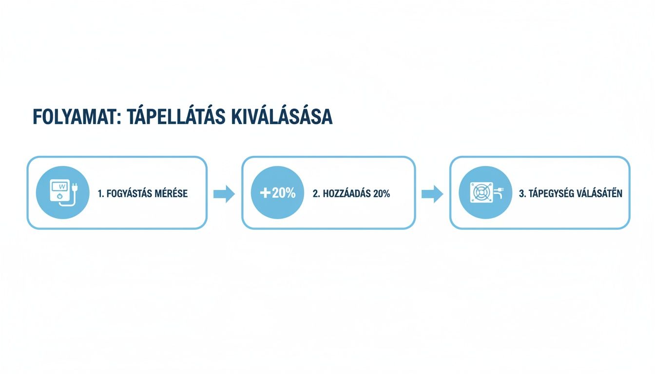 Diagram a tápellátás kiválasztásának lépéseiről: fogyasztás mérése, 20% hozzáadás, tápegység választása.