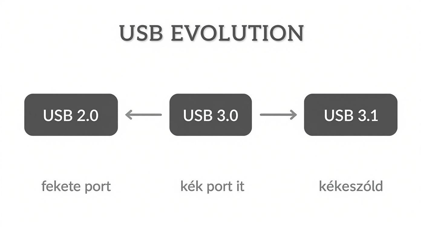 Az USB 2.0, USB 3.0 és USB 3.1 szabványok fejlődése és a hozzájuk tartozó portszínek: fekete, kék és kékeszöld.