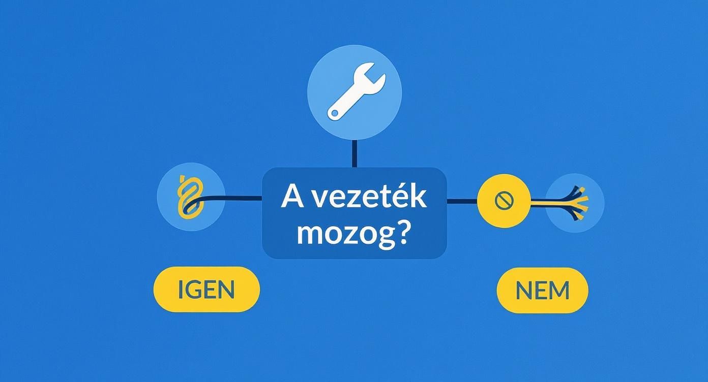 Ábra egy folyamatábráról, mely azt kérdezi, mozog-e a vezeték, javítási lehetőségeket javasolva, két ikonnal.