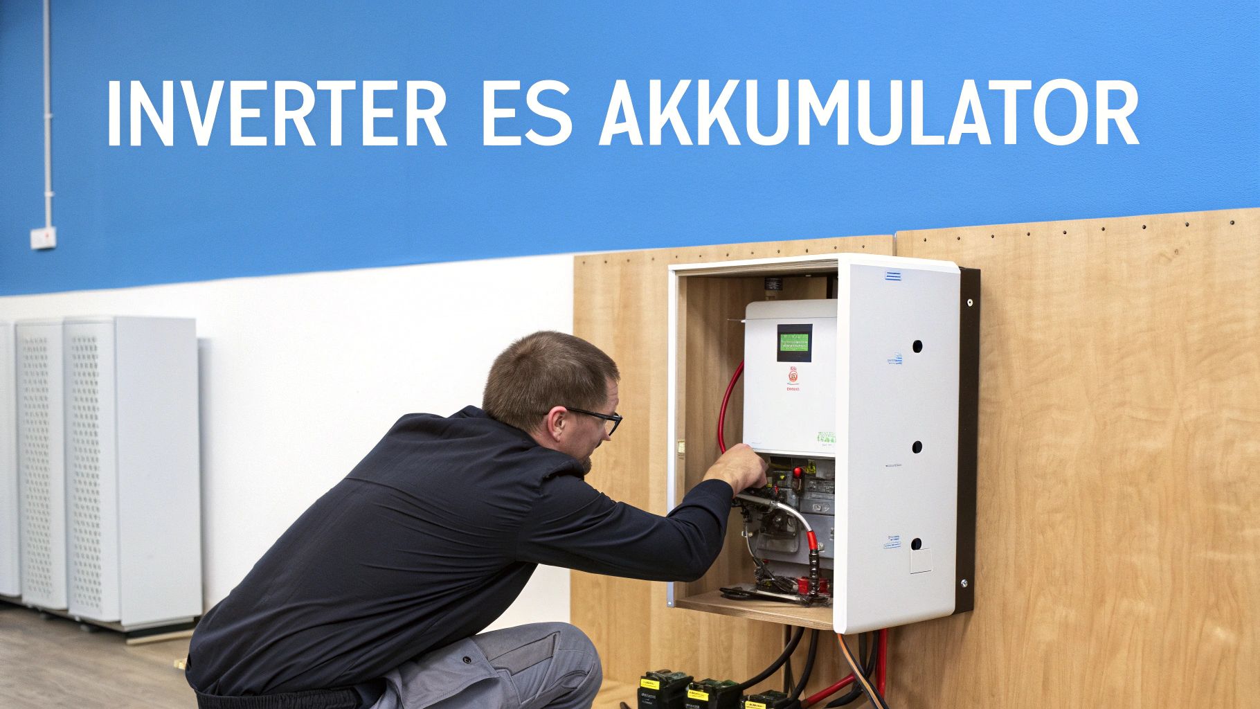 Egy férfi éppen egy inverter és akkumulátor rendszer bekötésén dolgozik egy fából készült panelen.