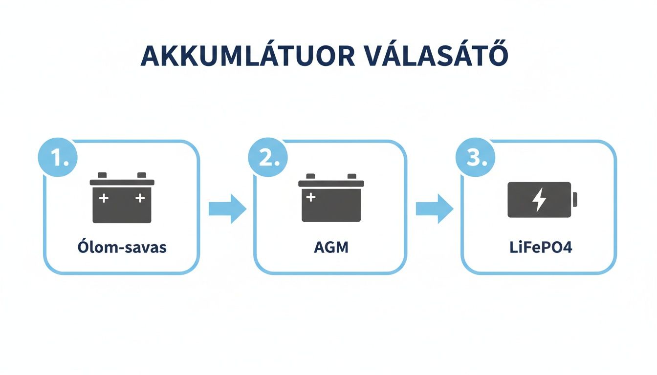 Akkuválasztó folyamat ábrája, amely ólom-savas, AGM és LiFePO4 akkumulátor típusokat mutat be.