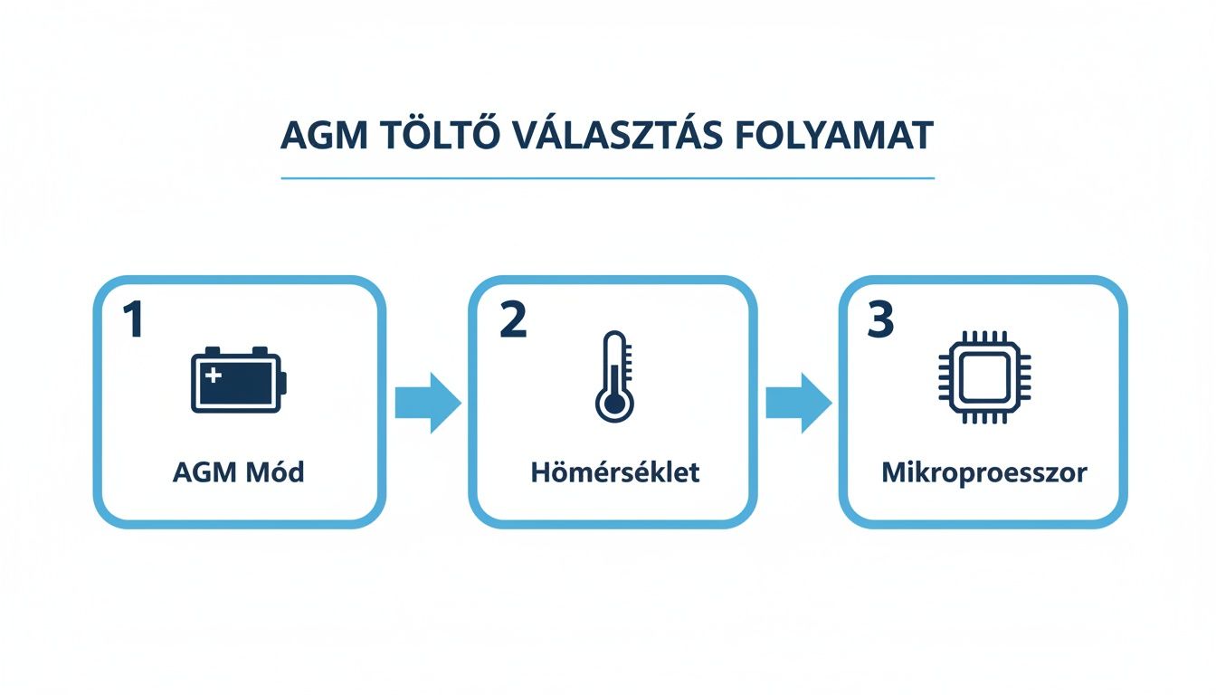 Infografika az AGM töltő kiválasztásának folyamatáról, amely bemutatja az AGM módot, hőmérsékletet és mikroprocesszort.