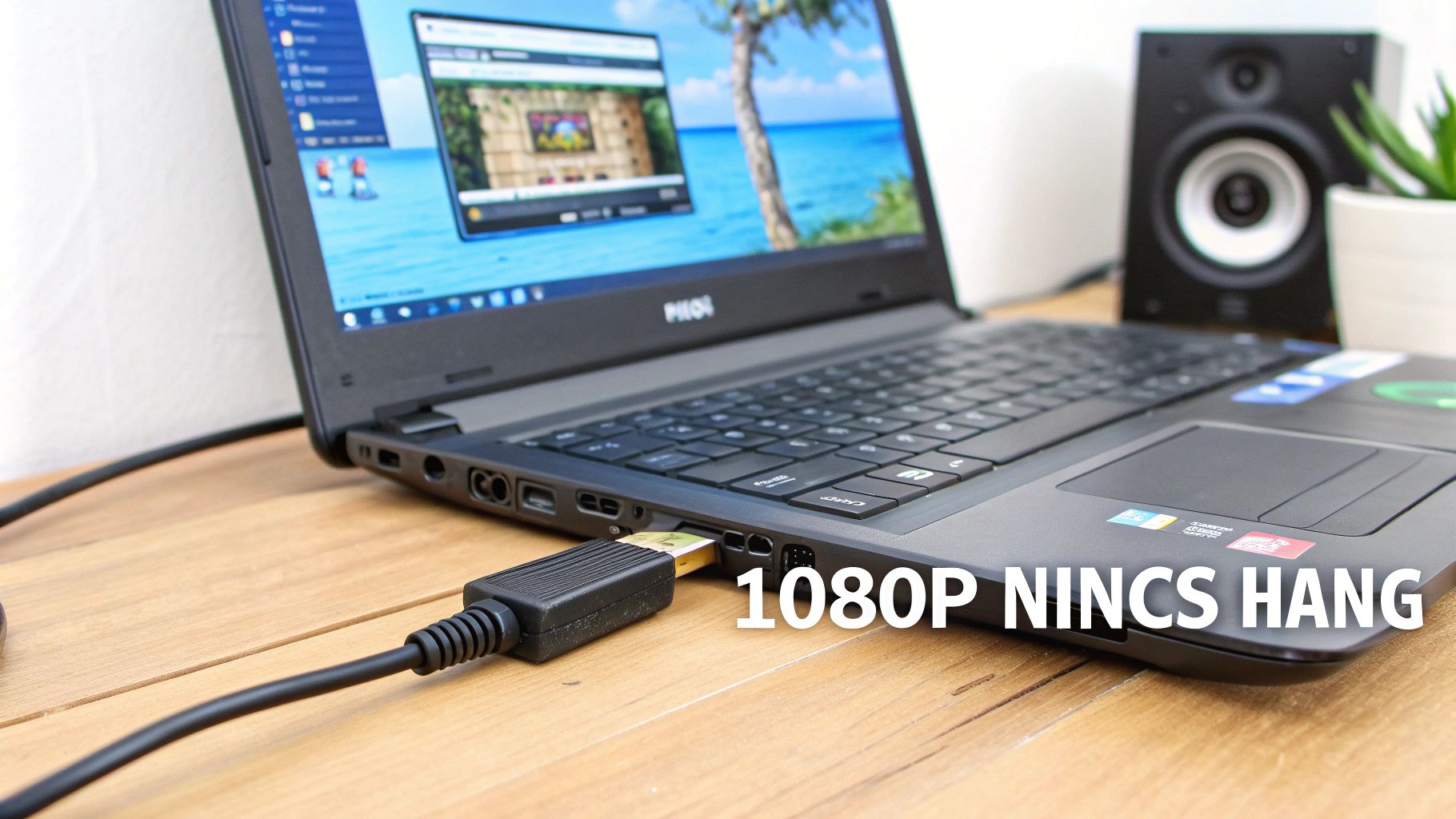 HDMI kábel csatlakoztatva laptop portjához, 1080P Full HD videó átvitel, asztali munkaállomás