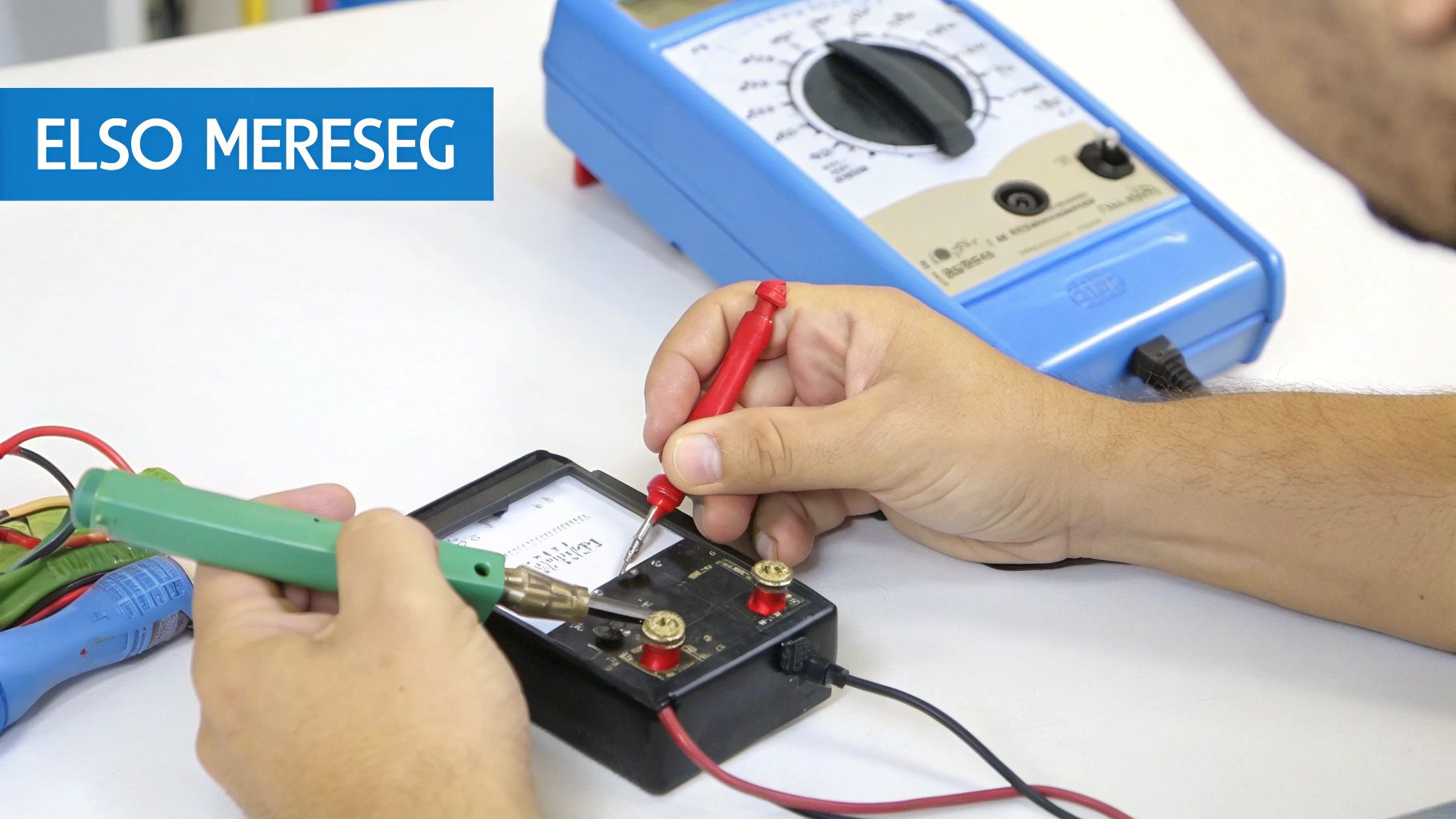 Két kéz elektromos mérést végez próbahegyekkel egy alkatrészen, háttérben egy multiméterrel.
